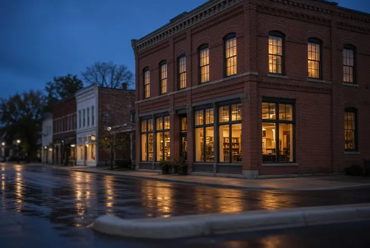 Brick storefronts at dusk, windows lit, after rain